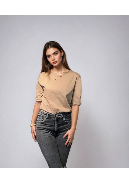 Vatkalı Camel T-Shirt, Omzu Vatkalı Kadın T-Shirt, Pamuklu Penye T-Shirt