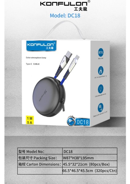 Xmpdby Konfulon DC18 Type-C Kablo 1m 5A - Siyah fiyatları