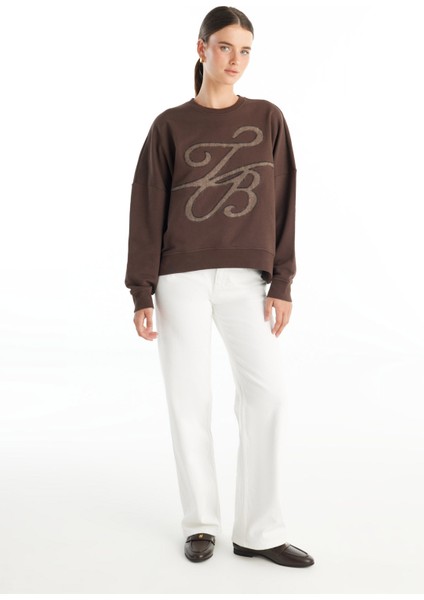 Balıkçı Yaka Nakışlı Koyu Kahve Kadın Sweatshırt TBWRTS1083 fiyatları
