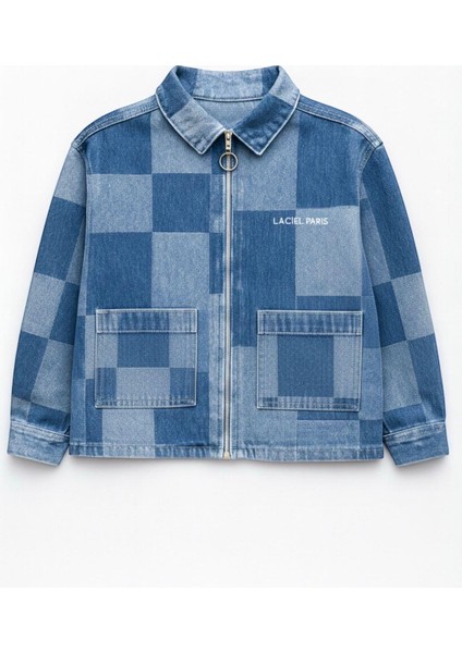 Unisex Çocuk Pamuklu Mavi Kare Desenli Fermuarlı Denim Ceket – Şık Günlük Tarz