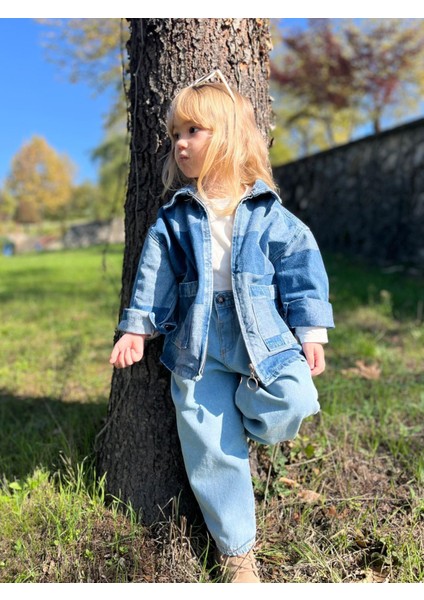 Unisex Çocuk Pamuklu Mavi Kare Desenli Fermuarlı Denim Ceket – Şık Günlük Tarz fırsatları