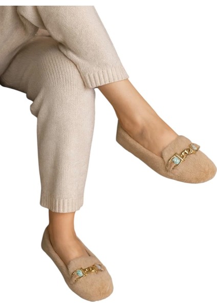 Yumuşak Peluş Ses Yapmaz Hafif Taban Kadın Ev Babeti Panduf Bej