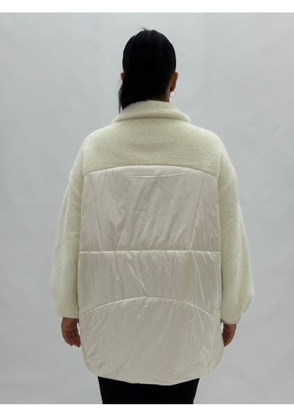 Büyük Beden Fermuarlı Cepli Ekru Peluş ve Parlak Kumaş Oversize Kadın Mont fırsatları