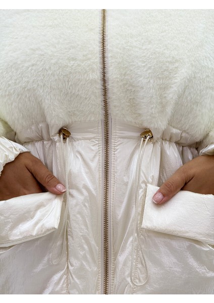 Büyük Beden Fermuarlı Cepli Ekru Peluş ve Parlak Kumaş Oversize Kadın Mont indirimleri