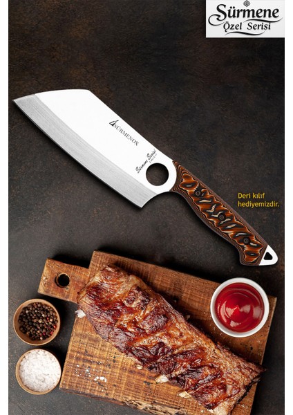 Sürmene Serisi K Şef Mutfak Şef Bıçağı Bıçak Kamp Bıçağı Deri Kılıflı Kahve Verzalit Sap HDS-126