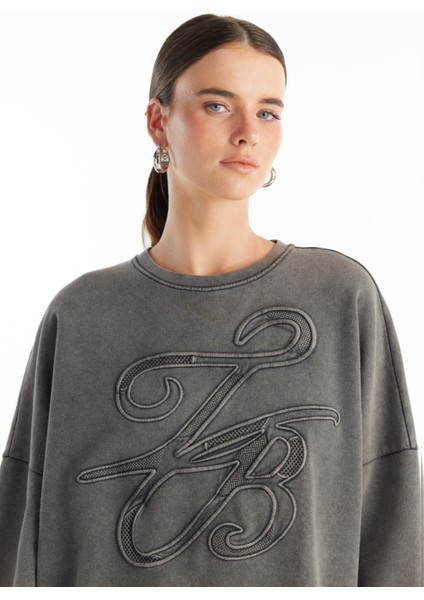 Bisiklet Yaka Nakışlı Antrasit Kadın Sweatshırt TBWRTS1081 fırsatları