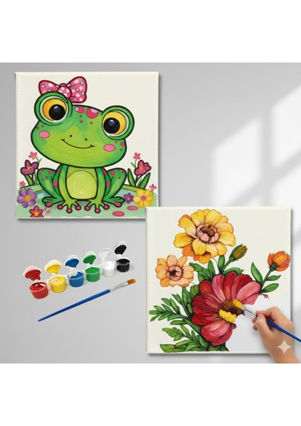 Okul Etkinliği-2'li Tuval Boyama Seti. 20X20 cm Uv Baskı 6 Akrilik Boya 1 FIRÇA-MODEL-276