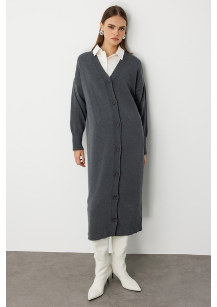 Oversize V Yaka Uzun Gri Triko Hırka fiyatları