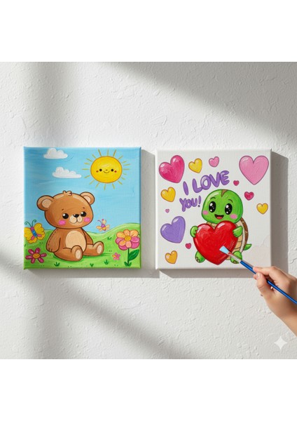 Okul Etkinliği-2'li Tuval Boyama Seti. 20X20 cm Uv Baskı 6 Akrilik Boya 1 FIRÇA-MODEL-390