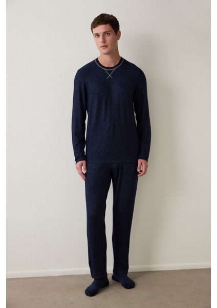 Lacivert Erkek Basic Uzun Kollu Pijama Takımı