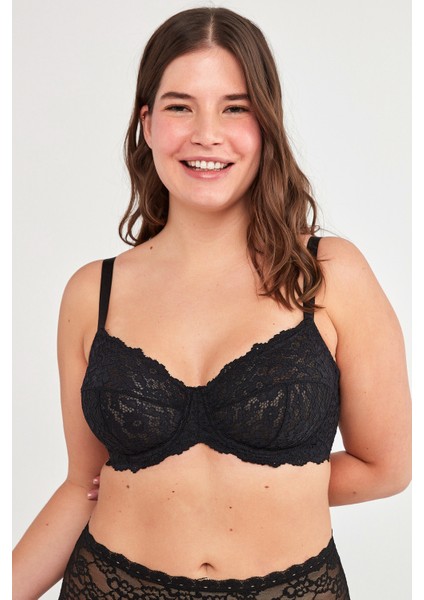 Siyah Büyük Beden Dantelli Jasmine Toparlayıcı Balenli Sütyen