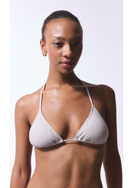 Taş Rengi Boncuklu Alice Üçgen Bikini Üstü