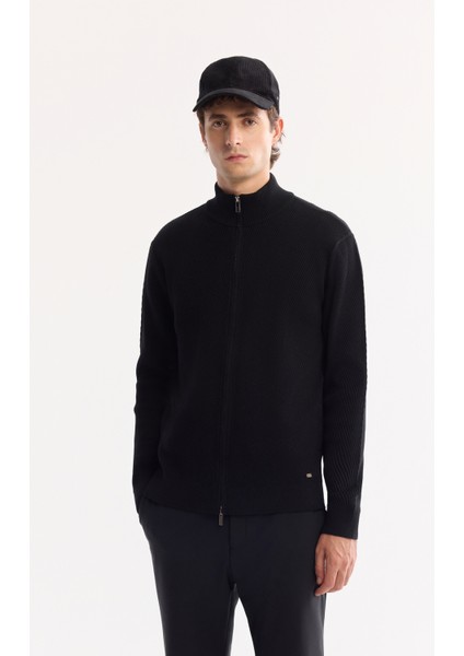 Erkek Siyah Dik Yaka Fermuarlı Pamuklu Soft Touch Dokulu Regular Fit Hırka A52Y5181