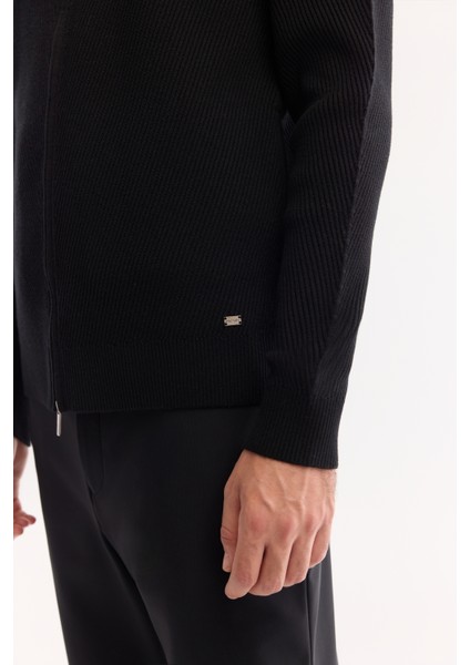Erkek Siyah Dik Yaka Fermuarlı Pamuklu Soft Touch Dokulu Regular Fit Hırka A52Y5181