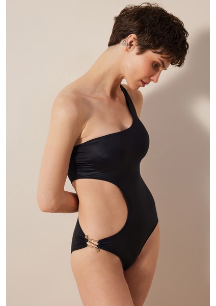 Mia Tek Omuz Parlak Siyah Suit