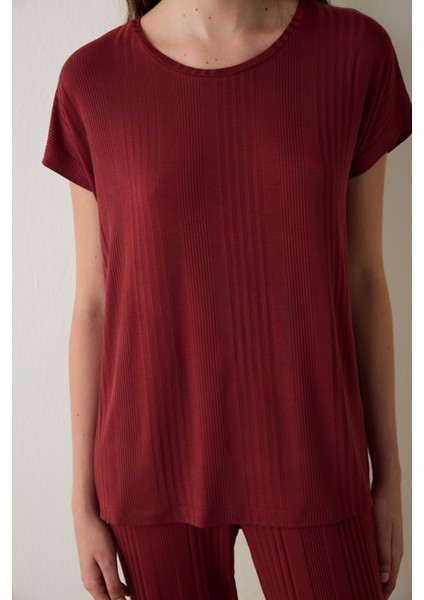 Bordo Freya Bisiklet Yaka Kısa Kol Pijama Takımı