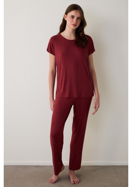 Bordo Freya Bisiklet Yaka Kısa Kol Pijama Takımı