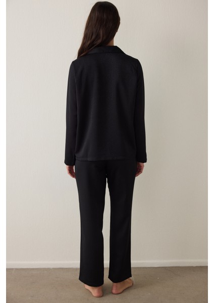 Siyah Fleur Saten Gömlek Yaka Uzun Kollu Pijama Takımı