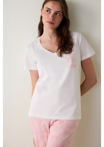 Pembe Çiçek Desenli Pamuklu V Yaka Kısa Kollu Pijama Takımı
