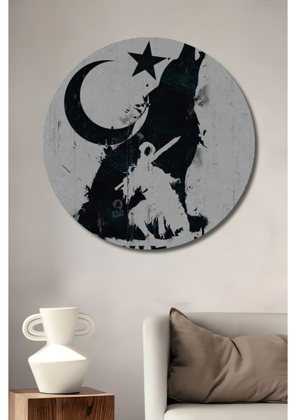 Kurt ve Ay Yıldız Ahşap Mdf Dekoratif Ev/İşyeri Duvar Tablo Yuvarlak Ev/İşyeri Duvar Tablo