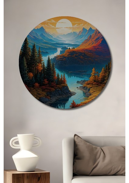 Büyüleyici Dağ Manzarası Dekoratif Ahşap Mdf Ev/İşyeri Duvar Tablo Yuvarlak Ev/İşyeri Duvar Tablo