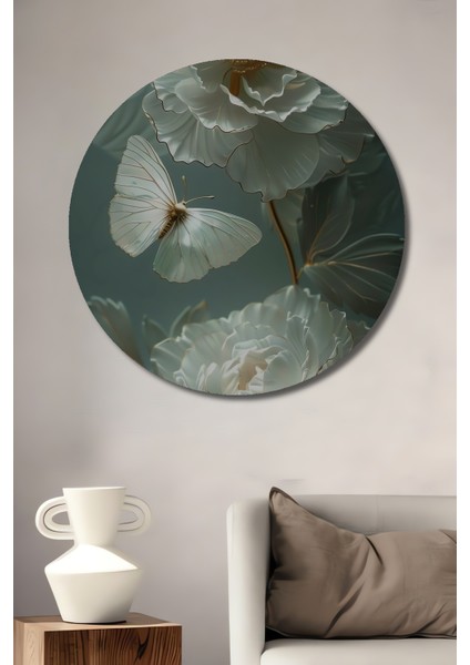 Zarif Çiçekler ve Kelebek Ahşap Mdf Dekoratif Ev/İşyeri Duvar Tablo Yuvarlak Ev/İşyeri Duvar Tablo
