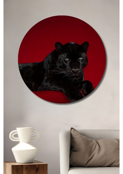 Siyah Panter Dekoratif Ahşap Mdf Ev/İşyeri Duvar Tablo Yuvarlak Ev/İşyeri Duvar Tablo