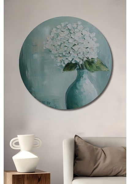 Vintage Vazo İçinde Beyaz Çiçekler Dekoratif Ahşap Mdf Tablo Yuvarlak Tablo