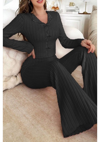 Siyah Yumuşak Pamuklu Fiyonk Detaylı Uzun Pijama Takımı