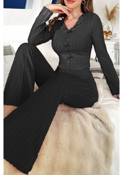 Siyah Yumuşak Pamuklu Fiyonk Detaylı Uzun Pijama Takımı fiyatları