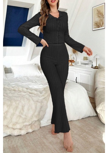 Siyah Yumuşak Pamuklu Fiyonk Detaylı Uzun Pijama Takımı modelleri