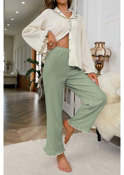 Yeşil Uzun Kollu V Yaka Fırfır Detaylı Pijama Takımı fiyatları