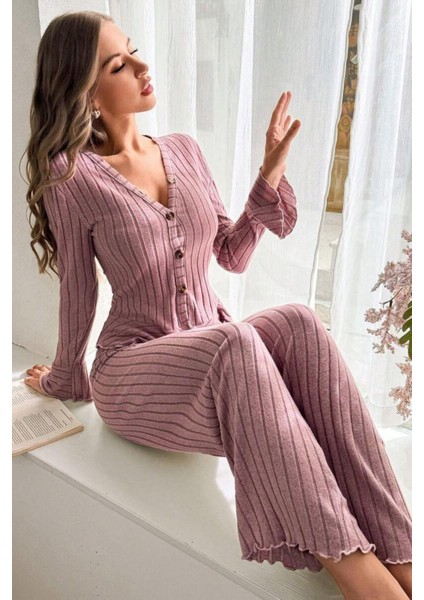 V Yaka Gül Kurusu Ispanyol Kol Pamuklu Pijama Takımı