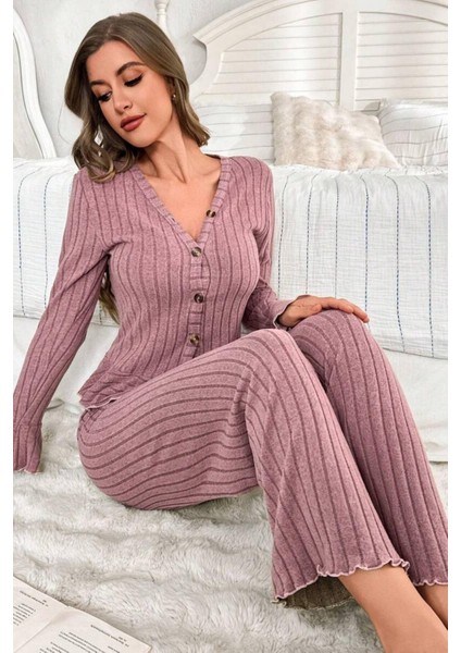 V Yaka Gül Kurusu Ispanyol Kol Pamuklu Pijama Takımı fırsatları