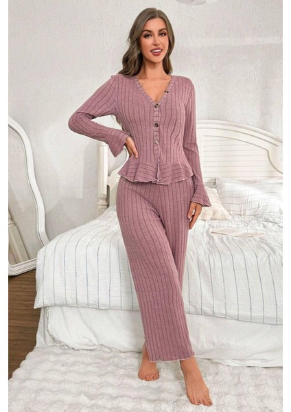 V Yaka Gül Kurusu Ispanyol Kol Pamuklu Pijama Takımı indirimleri