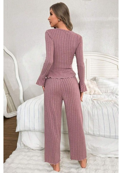 V Yaka Gül Kurusu Ispanyol Kol Pamuklu Pijama Takımı