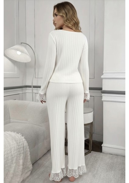 Bej Pamuklu Pamuklu Yumuşak Dantel Detaylı Pijama Takımı modelleri