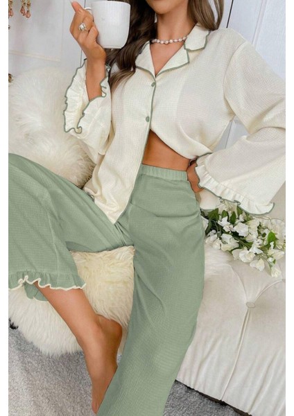 Yeşil Uzun Kollu V Yaka Fırfır Detaylı Pijama Takımı