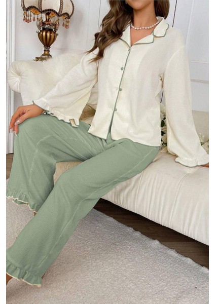 Yeşil Uzun Kollu V Yaka Fırfır Detaylı Pijama Takımı fırsatları