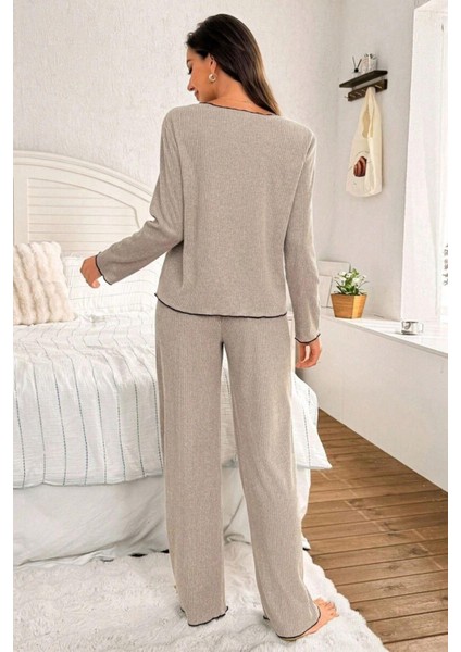 Bej Fiyonk Detaylı Pamuklu Uzun Kollu Pijama Takımı indirimleri