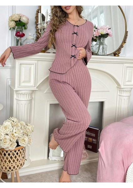 Gül Kurusu Pamuklu Fiyonk Detaylı Uzun Kollu Pijama Takımı