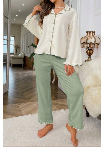 Yeşil Uzun Kollu V Yaka Fırfır Detaylı Pijama Takımı modelleri