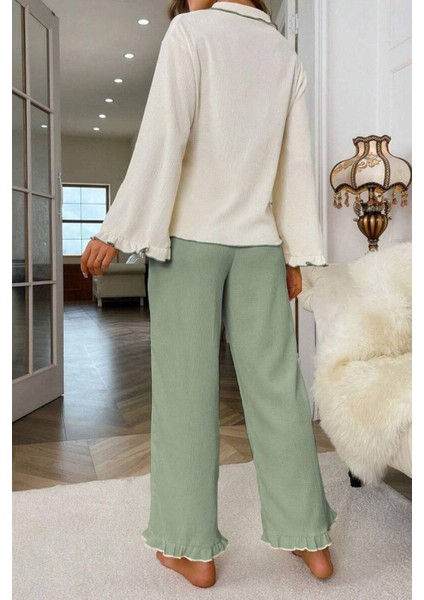 Yeşil Uzun Kollu V Yaka Fırfır Detaylı Pijama Takımı indirimleri