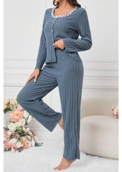 Mavi Pamuklu Dantel Detaylı Düğmeli Pijama Takımı indirimleri