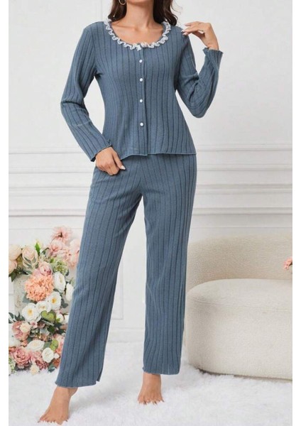 Mavi Pamuklu Dantel Detaylı Düğmeli Pijama Takımı modelleri