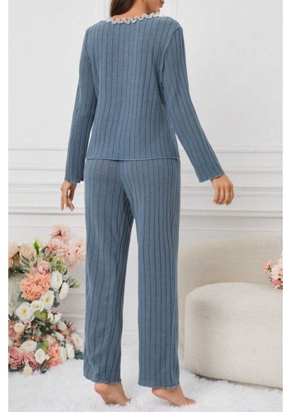 Mavi Pamuklu Dantel Detaylı Düğmeli Pijama Takımı fırsatları