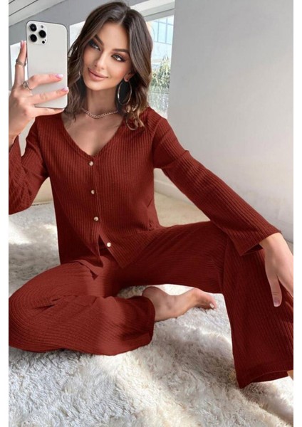 V Yaka Pamuklu Bordo Düğmeli Uzun Pijama Takımı