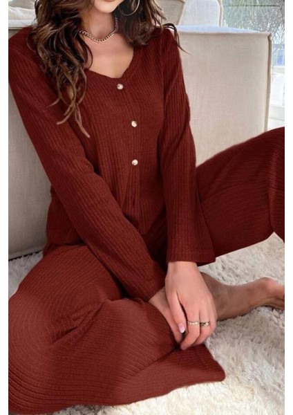 V Yaka Pamuklu Bordo Düğmeli Uzun Pijama Takımı fiyatları