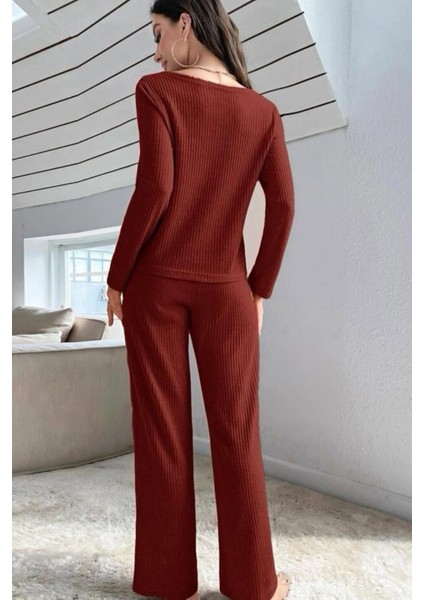 V Yaka Pamuklu Bordo Düğmeli Uzun Pijama Takımı modelleri