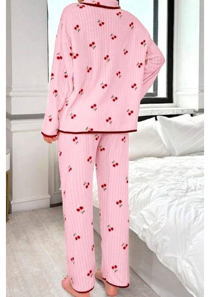 Pamuklu Kiraz Baskılı Biyeli Kışlık Pijama Takımı modelleri